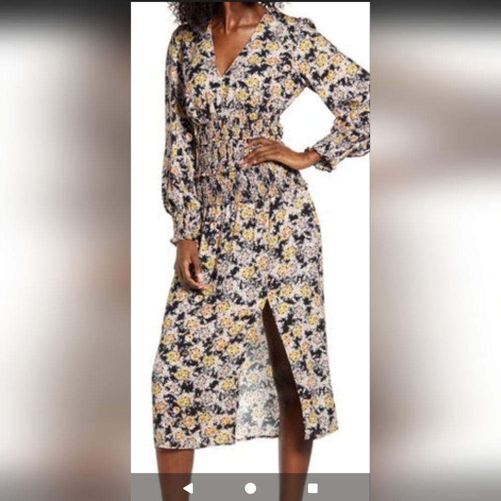 AFRM Hazel Floral Smocked Long Sleeve Midi Dress In Gold Bouquet